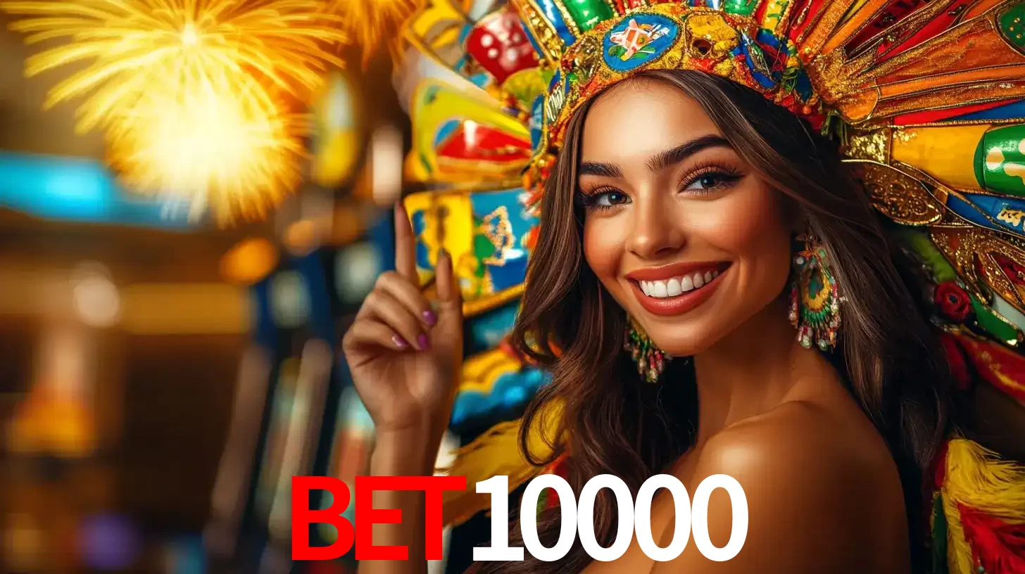 Mulher sorridente com um cocar de carnaval vibrante e colorido, celebrando uma grande vitória nos jogos do cassino bet10000 com fogos de artifício ao fundo.