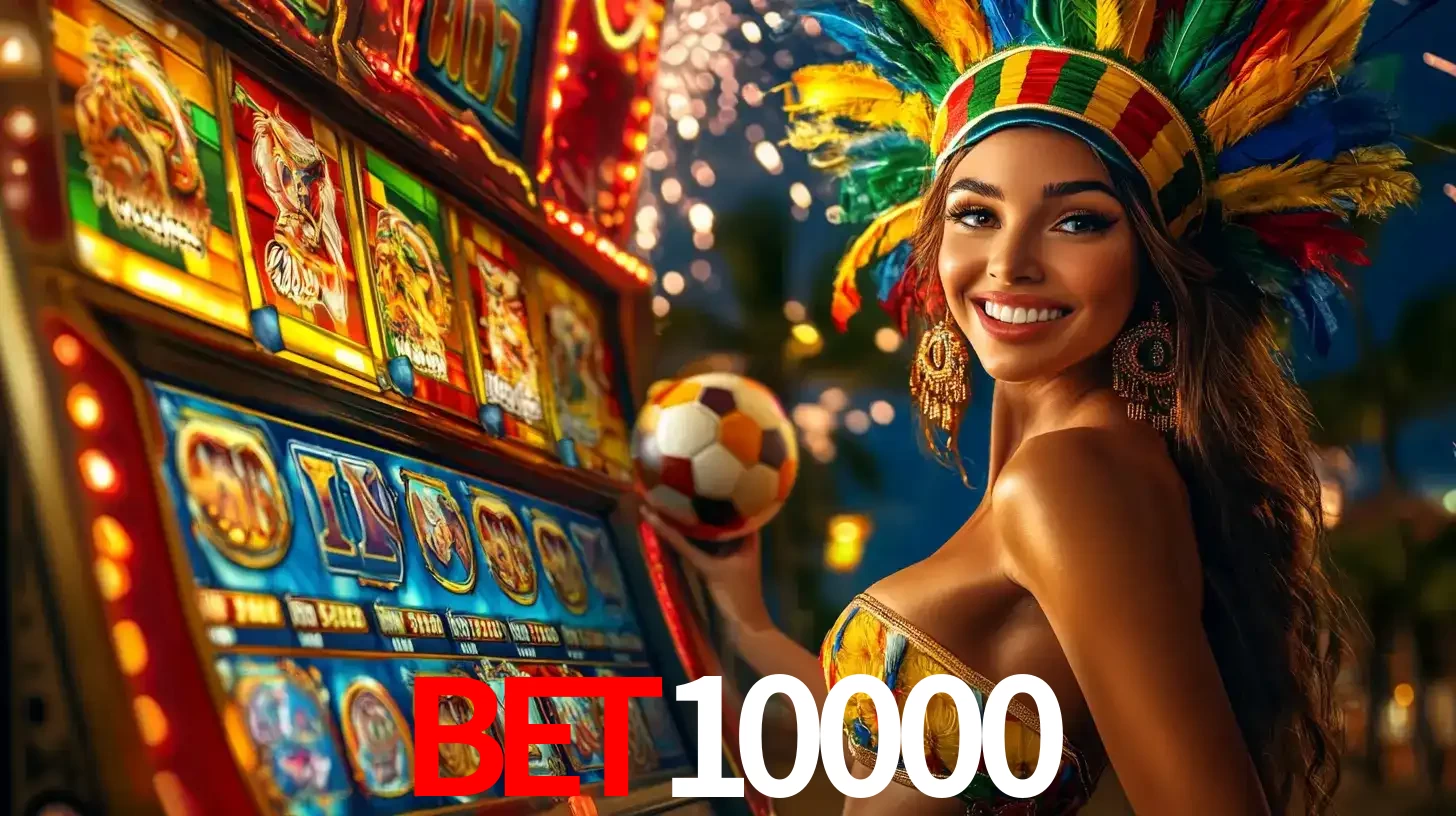 Mulher com um cocar de carnaval ao lado de uma máquina de caça-níqueis enquanto segura uma bola de futebol, mostrando a união da diversão de cassino e esportes no bet10000.