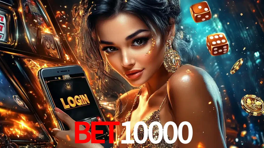 Mulher glamourosa segurando um celular com a tela de login do cassino bet10000, rodeada por dados e moedas douradas, pronta para começar a diversão.