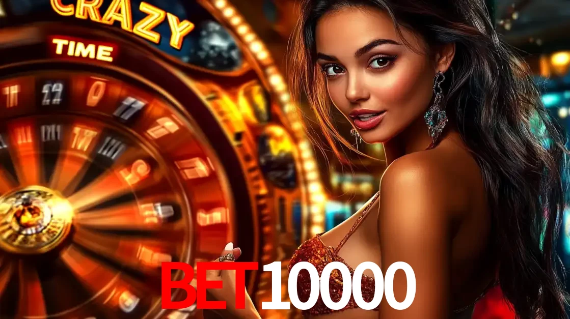 Mulher ao lado da roda de prêmios do jogo de cassino ao vivo Crazy Time, um dos shows de jogos mais emocionantes oferecidos pela plataforma de apostas bet10000.