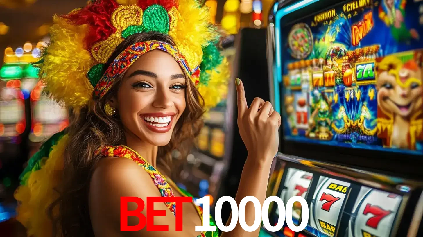 Mulher animada com um cocar de carnaval apontando para uma máquina de caça-níqueis, mostrando a emoção de ganhar um grande prêmio nos jogos do bet10000.