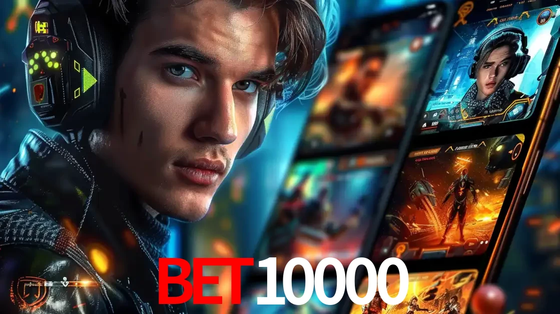 Jovem jogador com fones de ouvido olhando para a câmera, com um aplicativo de jogos e e-sports para celular ao fundo, pronto para a competição e apostas no bet10000.