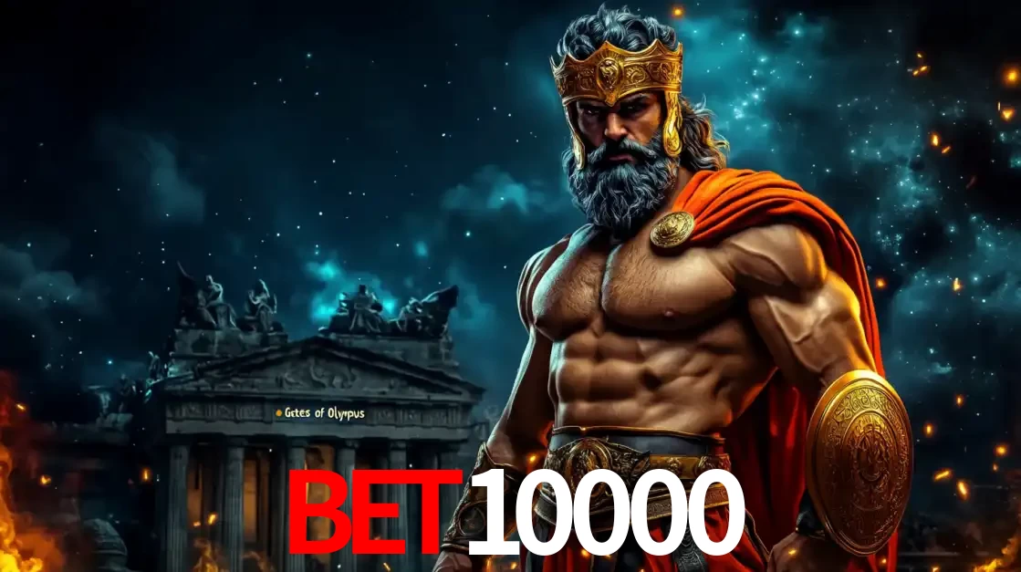 O poderoso Zeus do jogo de slot Gates of Olympus em frente ao seu templo, pronto para lançar multiplicadores divinos e prêmios épicos no cassino online bet10000.