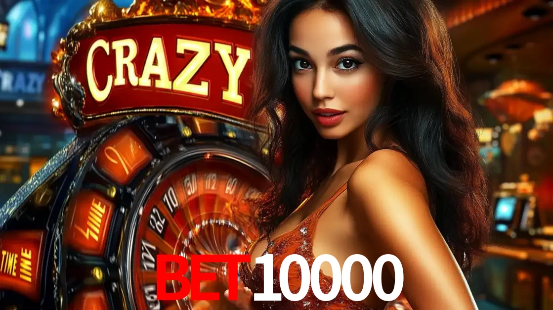 Mulher glamourosa olhando para a câmera com a roda vermelha do Crazy Time ao fundo em um ambiente de cassino, destacando a emoção dos jogos ao vivo no bet10000.