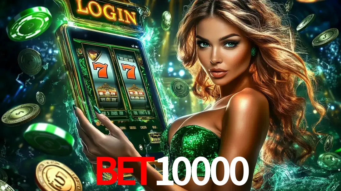 Mulher com tema verde apresentando o aplicativo do cassino bet10000 com um jogo de slot de 777, cercada por fichas de cassino e uma aura de sorte.