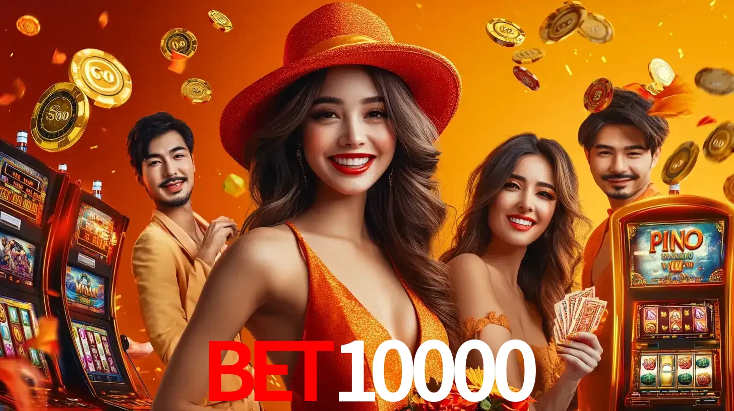 Grupo de amigos asiáticos sorrindo e se divertindo com máquinas de caça-níqueis em um ambiente festivo, celebrando suas vitórias nos jogos de cassino do bet10000.