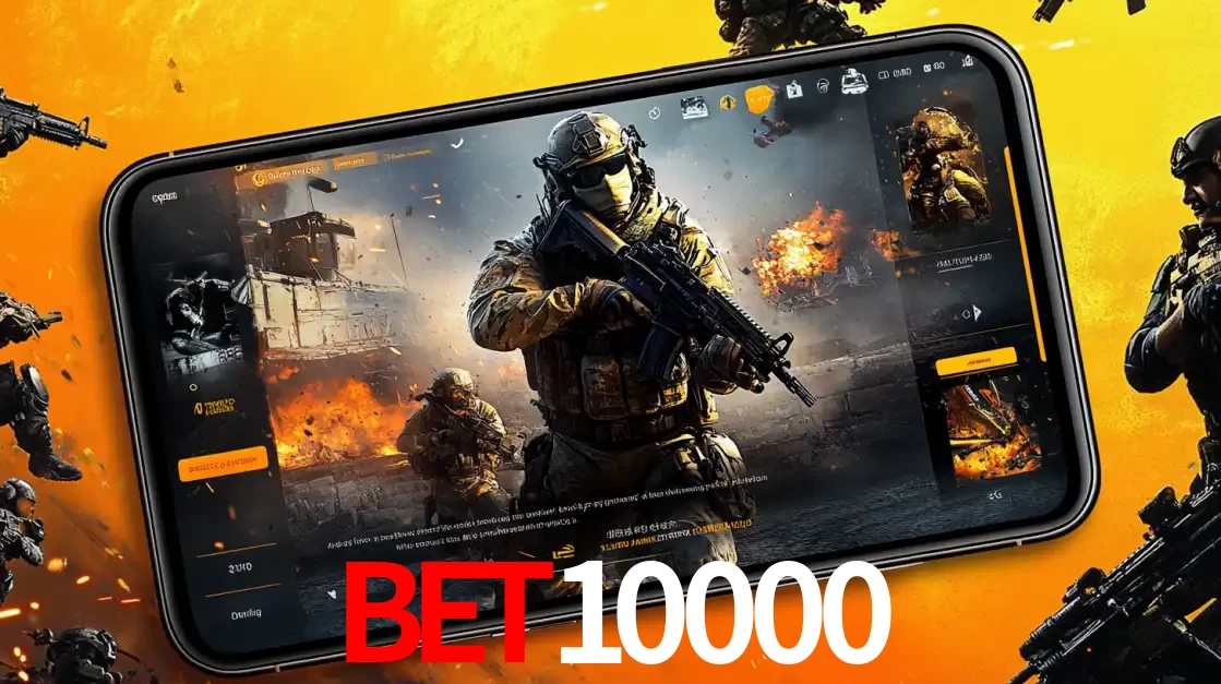Um smartphone exibindo a interface de um jogo de tiro em primeira pessoa, com um soldado em um cenário de batalha, representando a ação dos e-sports para apostar no bet10000.