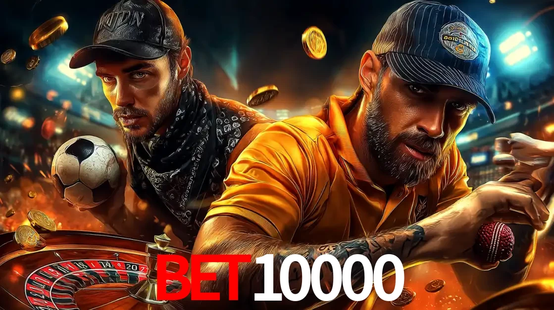 Montagem de apostas esportivas e cassino no bet10000, com um homem segurando uma bola de futebol e outro uma de beisebol sobre uma roleta e moedas voadoras.
