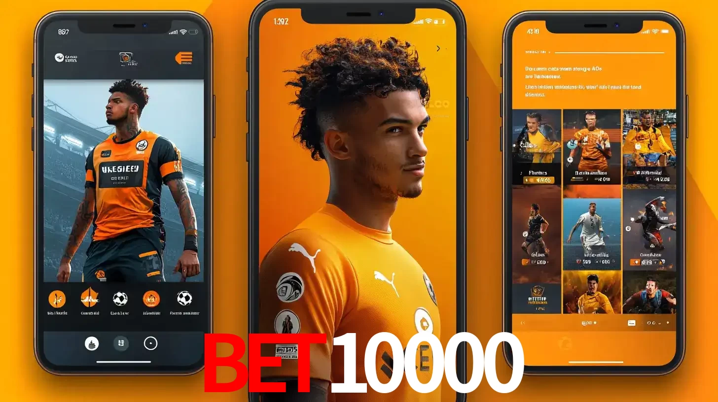 Interface do aplicativo de apostas esportivas bet10000 em três telas de celular, mostrando o perfil de um jogador de futebol e a lista de jogos disponíveis para apostar.