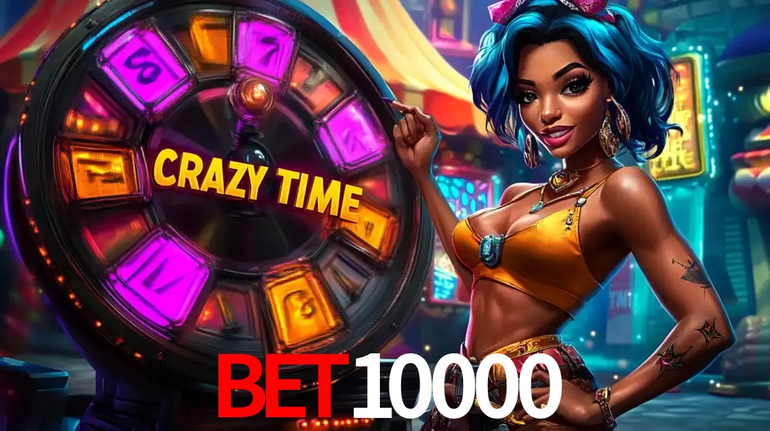 Mulher estilizada com cabelo azul e visual vibrante posando ao lado da roda de prêmios do game show Crazy Time, convidando para a diversão e os bônus do cassino bet10000.