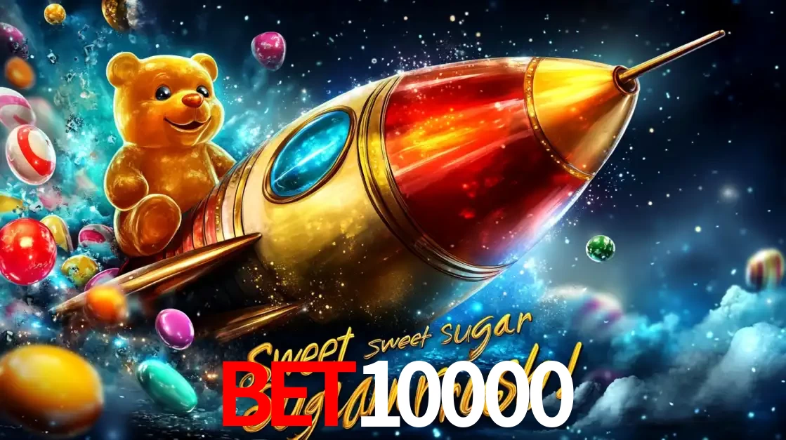 Arte promocional do jogo de slot Sugar Rush, com um urso de pelúcia em um foguete viajando pelo espaço de doces, um dos jogos divertidos disponíveis no cassino bet10000.