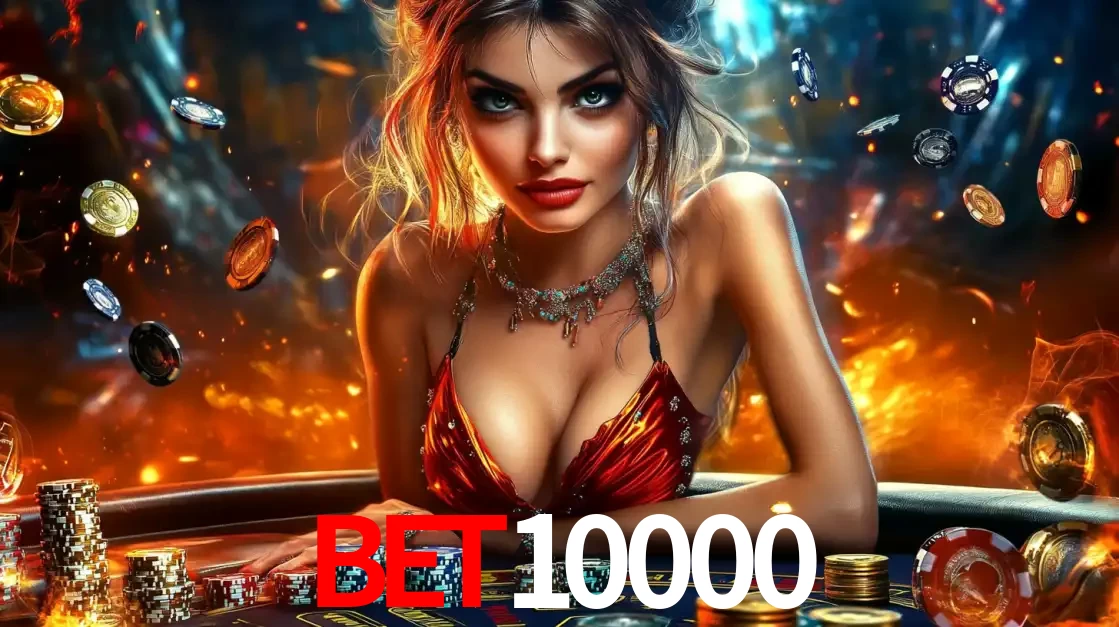 Mulher em uma mesa de cassino com pilhas de fichas e um fundo de fogo, pronta para uma rodada de altas apostas nos jogos de mesa emocionantes do cassino bet10000.