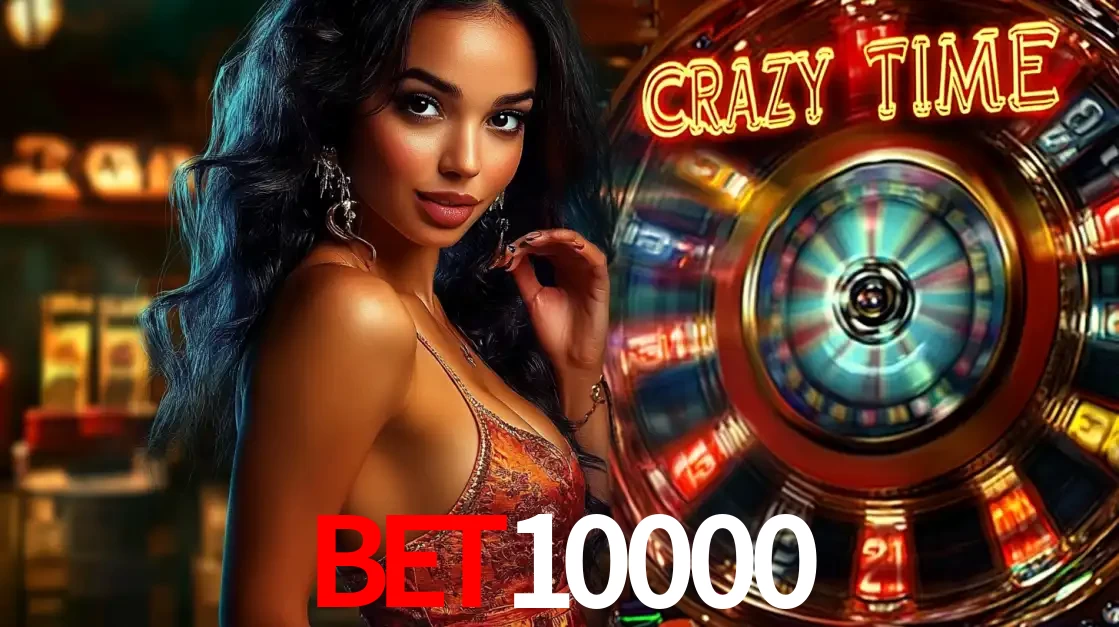 Mulher elegante ao lado da vibrante roda da fortuna do jogo de cassino ao vivo Crazy Time, um dos game shows mais populares e cheios de prêmios do bet10000.