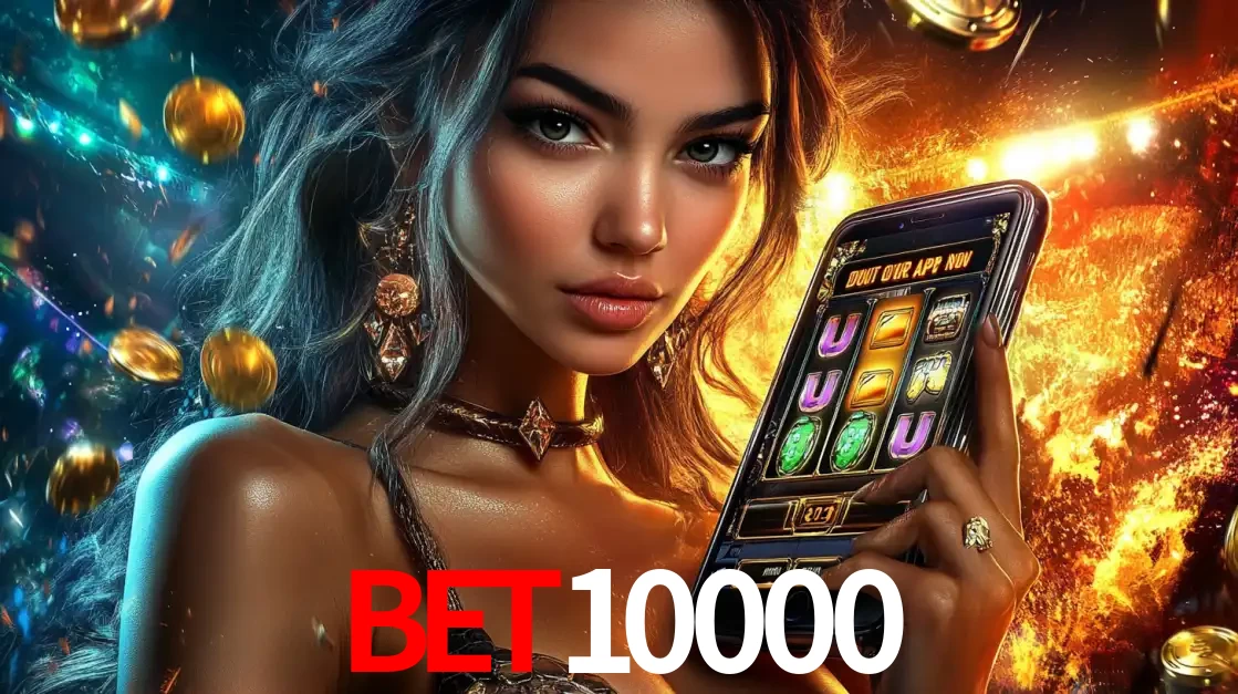 Mulher elegante mostrando um jogo de caça-níqueis em seu smartphone, destacando a experiência de cassino móvel oferecida pelo aplicativo bet10000.
