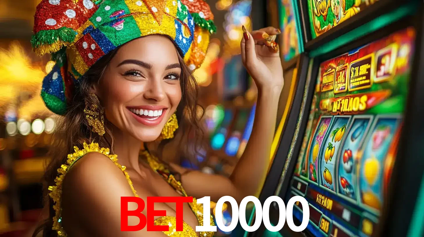 Mulher feliz com traje de carnaval amarelo e colorido ao lado de uma máquina de caça-níqueis, aproveitando a diversão e os jogos temáticos do cassino bet10000.