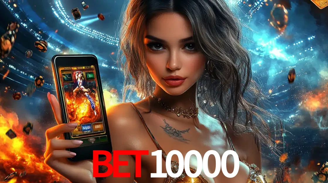 Mulher segurando um celular com um jogo de slot em destaque, tendo como fundo um estádio vibrante, simbolizando a emoção de jogar no cassino móvel bet10000.