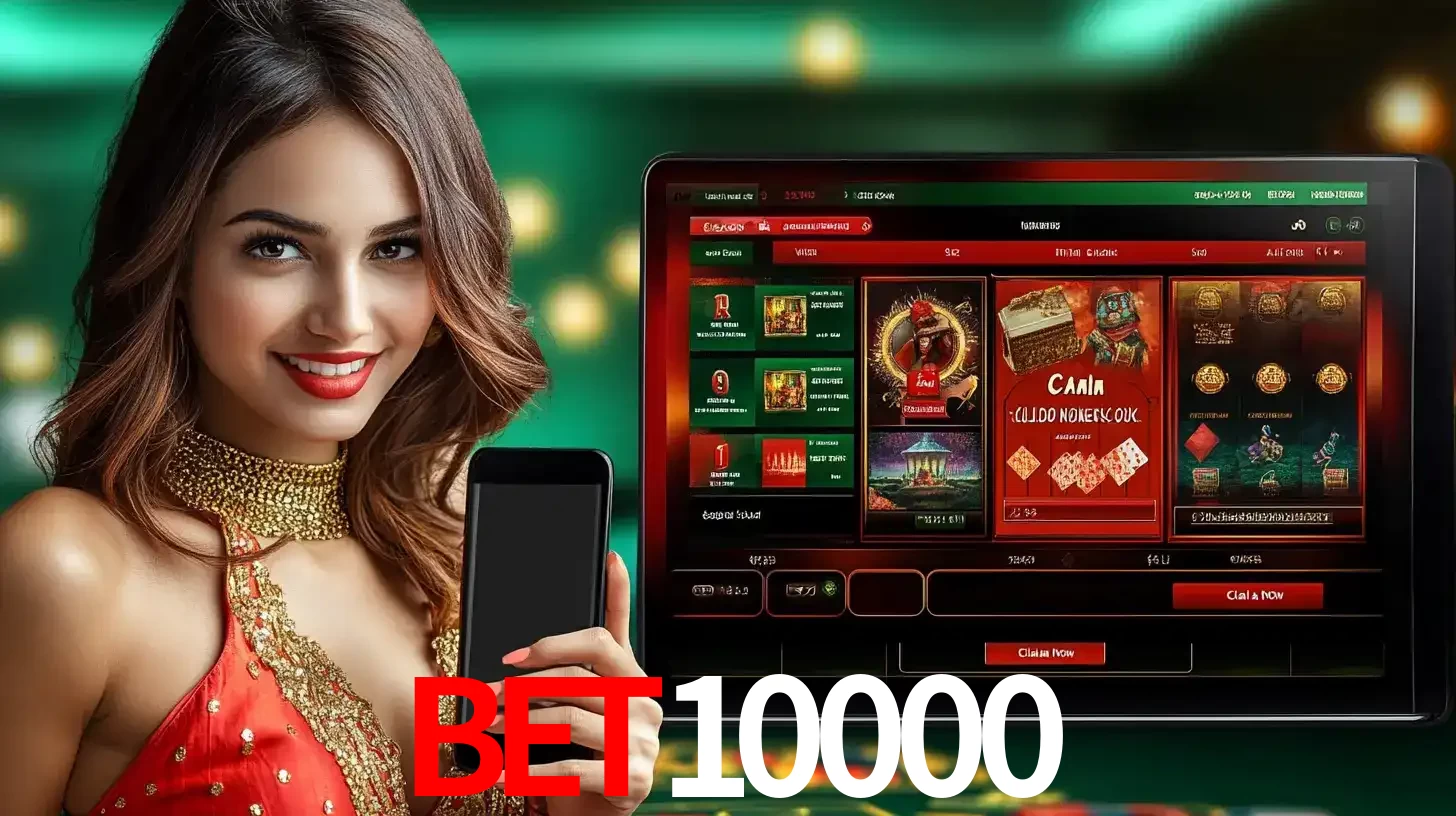 Mulher sorridente segurando um smartphone, ao lado de uma tela exibindo o lobby de jogos do cassino online bet10000, com várias opções de jogos de cartas e slots.